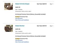 Photo of product listing showing details, dimensions, and prices for Bladen Full Sofa Sleeper and Bladen Recliner.