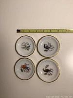 Front view of all four Rosenthal porcelain coasters showing colorful bird designs and gold trim, next to a measuring tape showing about 3 inch diameter.
