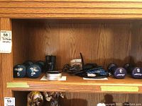 View of shelf showing blue Life Gear 5 lb weights, purple 3 lb weights, a black pedometer, book light and binocular straps arranged on the wooden shelf.