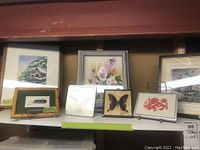 Seven framed prints and butterfly wing art arranged on a shelf with various frame styles including wood and metal.