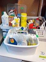Photo showing the overall cleaning caddy and tote with cleaning liquids, sprays, and aerosol cans inside, including Murphy's Soap, CLR, spray wax, and bottles with sprays and pump tops.