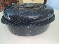 Enamelware roasting pan with lid, showing black color with white speckles, side angle.