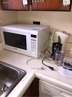Panasonic white microwave oven, Proctor Silex white kettle, Magic Bullet black juicer base with blending cups on countertop next to kitchen sink.