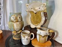Full set of Abbott Pottery fox tray, owl canister, two hedgehog mugs