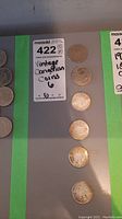 Six vintage Canadian coins arranged vertically on a table with identification labels.