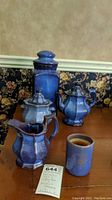 Photo showing entire blue pottery set including storage container, coffee pot, sugar bowl, creamer, and small candle holder on wooden surface with floral wallpaper background.
