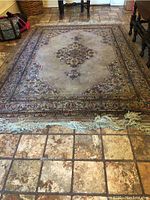 Full view of AFTAB hand-knotted rug on tiled floor, showing overall condition and pattern design.