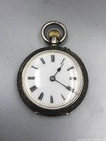 Front view of the silver pocket watch with white dial and black Roman numerals.