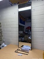 Full view of the 47 x 14.5 inch hanging dressing mirror standing vertically against a wall, showing the black frame and included hardware laid out on the table.