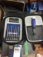 Kobalt screwdriver set with bits and blue handle in black zippered pouch