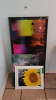 Three framed photographic prints leaning against a white wall on a tile floor. Largest photo is an abstract colorful sunset with bird silhouettes, middle one is a close-up green and pink plant, smallest is a sunflower photo with a white frame.