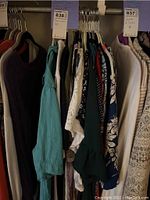 Side view of various women's tops on hangers with different colors and patterns.