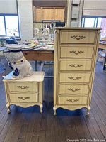 Front view of nightstand and lingerie chest together showing size and design details.