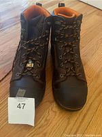 Front top view of Timberland steel toe boots showing laces, toe construction and ankle padding.