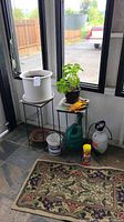 Full lot view showing gardening supplies by window including plant tables, mint plant, watering can, gloves, sprayer and rug on floor