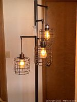 Full view of dark metal floor lamp with three exposed Edison bulbs inside wire cage shades on long vertical pole with round base