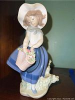 Front view of Lladro figurine showing girl with wide-brimmed hat and basket of flowers