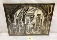 Frontal view of the charcoal gouache city street drawing, showing detailed perspective under an archway with urban elements and shadows.