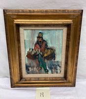 Framed oil painting showing a Jewish man in traditional dress carrying a basket with fruits, rendered in impressionistic brush strokes.