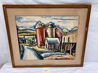 Front view of the framed watercolor painting showing the overall artwork of the farm scene with silos, barn, and road.