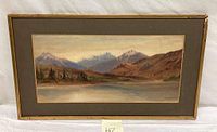Overall view of framed watercolor landscape painting