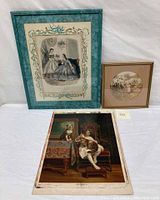 Three framed vintage art pieces - large xerograph of girl with dog and cat, xerograph of two women, and small floral landscape print