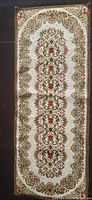 Full view of the rectangular vintage Belgian tapestry showing overall pattern and color scheme.