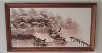 Full view of the painting showing junkboats and riverside huts in monochrome tones.