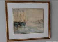 Full framed watercolor painting showing three sailing boats on water with a distant shore.