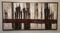 Front view of the black, white, and red abstract wall art print showing vertical shapes and a horizontal band with red accents.