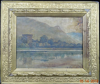 Full view of signed oil painting of Astley Hall with ornate gold frame.