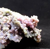 Close-up photo showing the grape agate's spherical, botryoidal crystal formations in varied hues of purple, pink, and green against a black background.