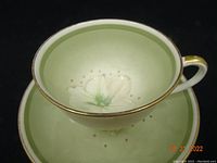 Top-down view of the pale green tea cup and matching saucer with hand painted white azalea flowers and gold detailing.