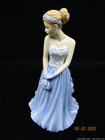 Front and 3/4 side view of the Royal Doulton Kate miniature lady figurine wearing a blue and white dress with gloves and headband.