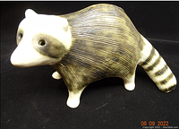 Side view of ceramic raccoon displaying body shape, texture, and color pattern