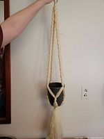Full view of the hanging macrame plant hanger holding the planter pot with tassel at the bottom.
