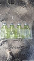 Set of four light green clear glass bottles with metal screw caps in original packaging, shown from the front.