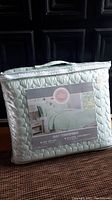 Packaged mint green twin quilt in a plastic zippered bag with product label showing quilt on bed.