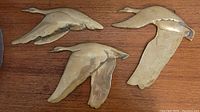 Top view of three brass geese wall art pieces arranged on a wooden surface.