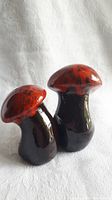 Front view of two glazed clay mushroom shaped salt and pepper shakers in red and brown glaze.