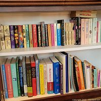 Wide view of two shelves filled with a variety of books ranging from fiction to medical.