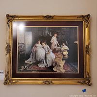 Full view of the framed art depicting four women in vintage dresses indoors.