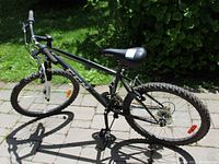 Black CCM bike with 16 inch frame shown in outdoor setting, displaying tires, frame, pedals, and chain which appears rusty.