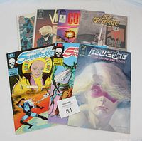 Top-down photo of 10 Epic comic books including Powerline, Sugarthief, Sugarthief, Video Jack, Strange Combat, and St. George.