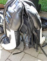Photo of hockey goalie pads, showing overall shape and some straps hanging loosened.