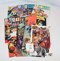 Photo of 15 comic books from Malibu, Valiant, and Maximum Press stacked and fanned out showing colorful covers with titles Solar, Harbinger, Secret Weapons and others