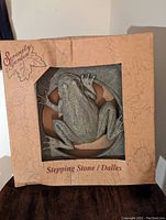 Image of frog stepping stone garden ornament in its original beige box labeled Serenity Gardens, with leaf motifs, showing front side of the frog sculpture.