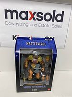 Front view of the boxed MOTU Masterverse He-Man figure showing the figure and accessories.
