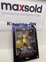 Front view of MOTU Masterverse Teela action figure in box showing figure with spear and shield