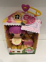 Front view of the toy packaged in cookie-house themed box showing the doll with purple hair and cookie accessories.